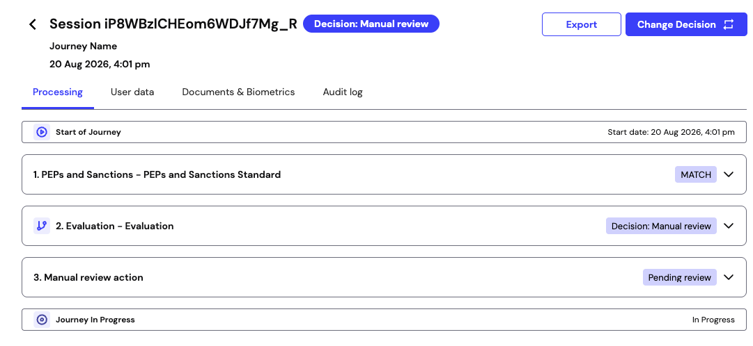 The Processing tab showing a manual review action with a Pending review status