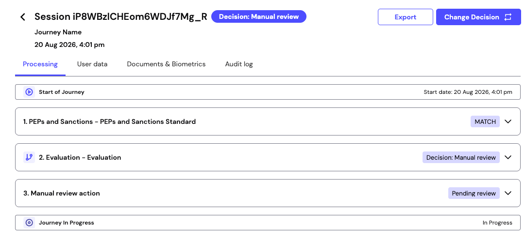The Processing tab showing a manual review action with a Pending review status