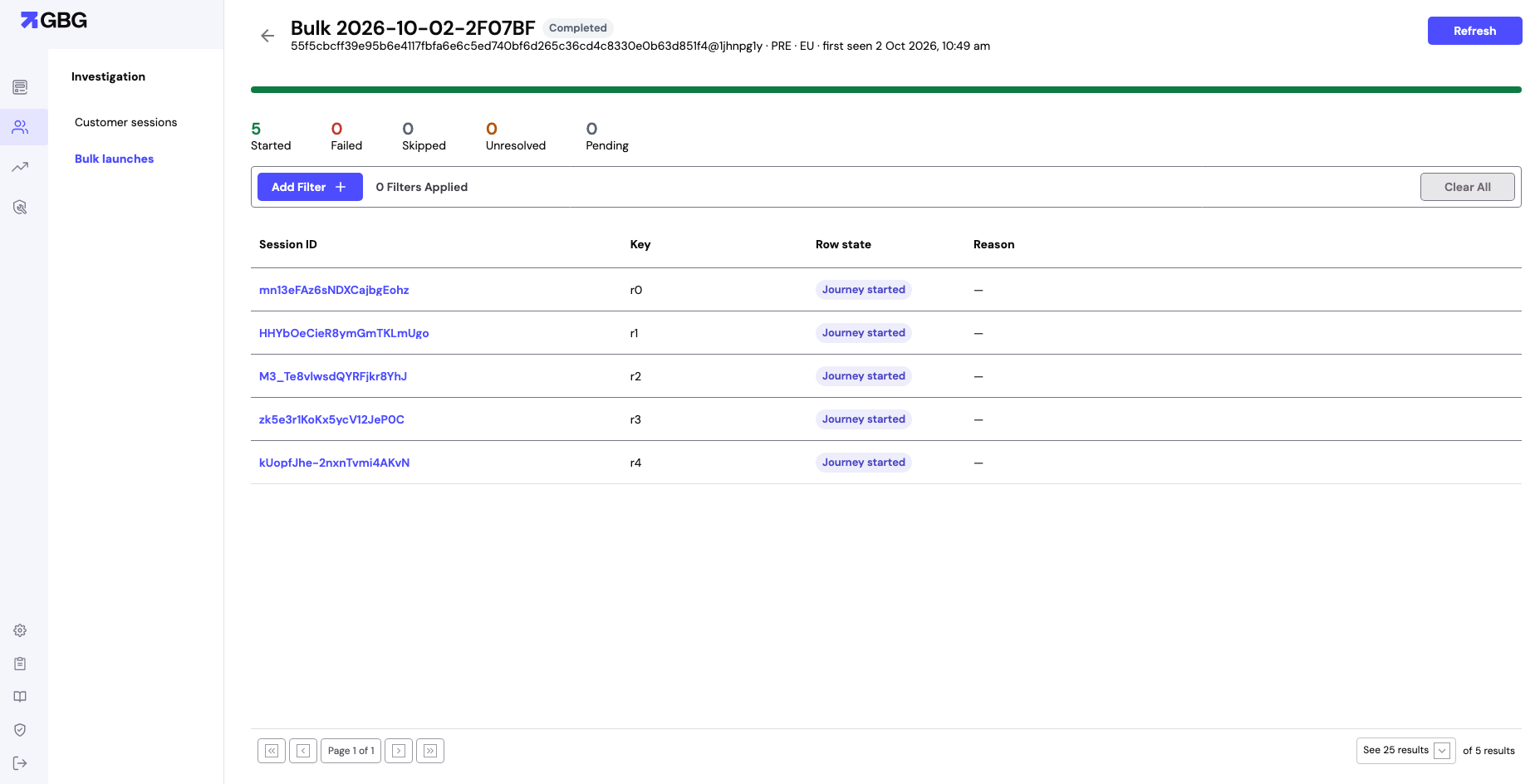 Bulk launch page with row counts and the journey session for each row