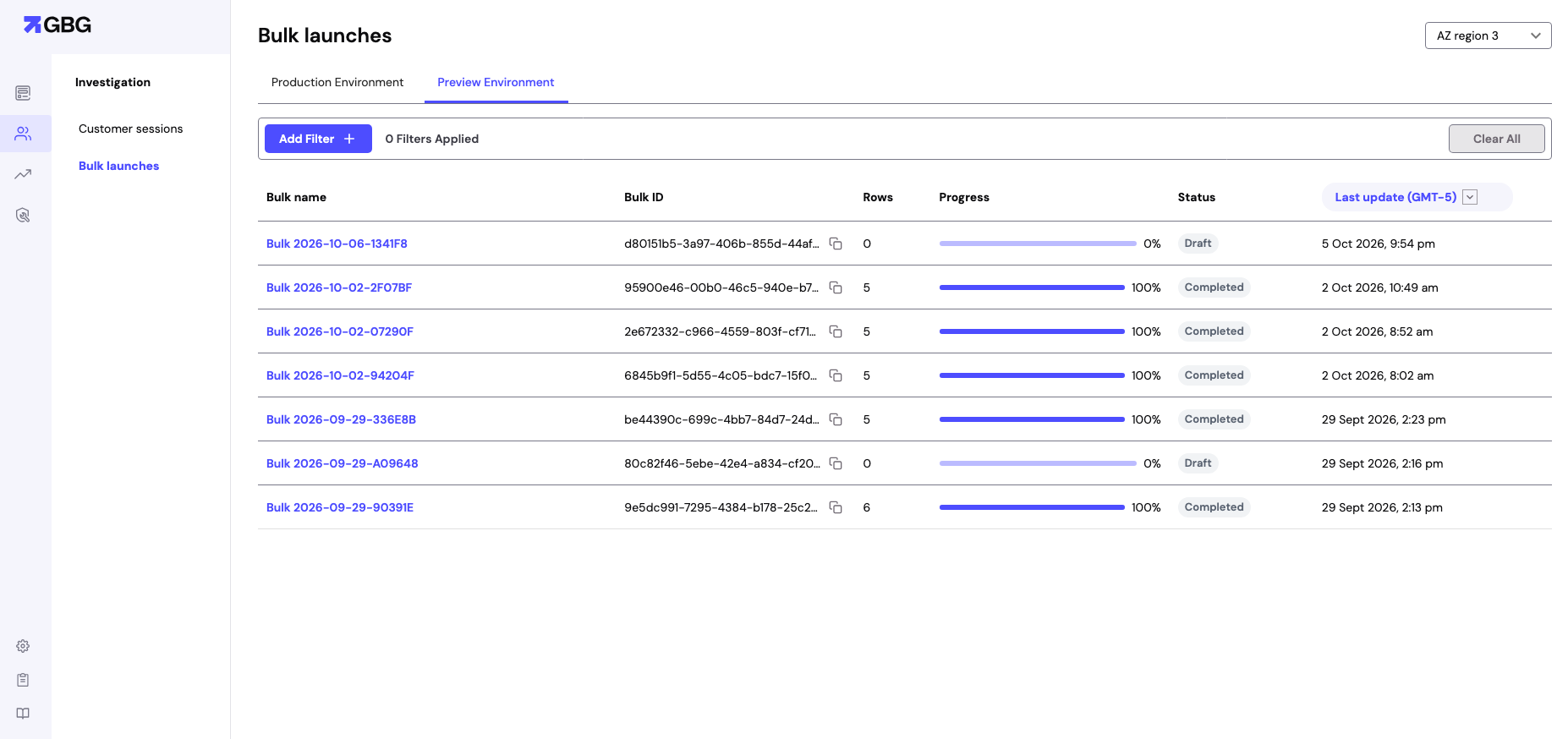Bulk launches page in Investigation with the progress and status of each bulk launch
