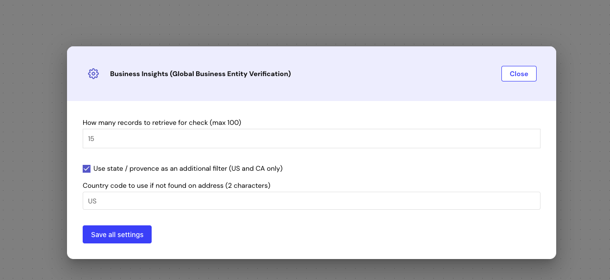 Business Insights settings window for the Global Business Entity Verification variant