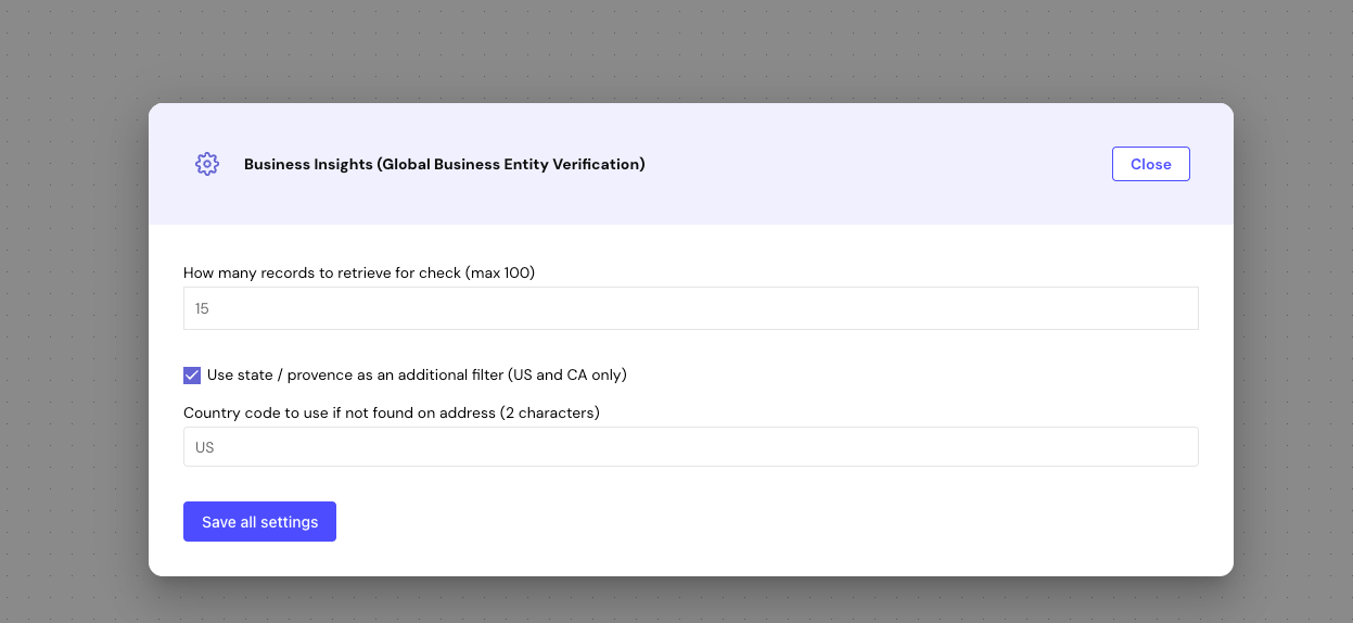 Business Insights settings window for the Global Business Entity Verification variant