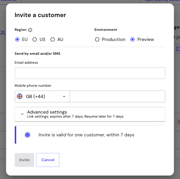 Invite a customer dialog box