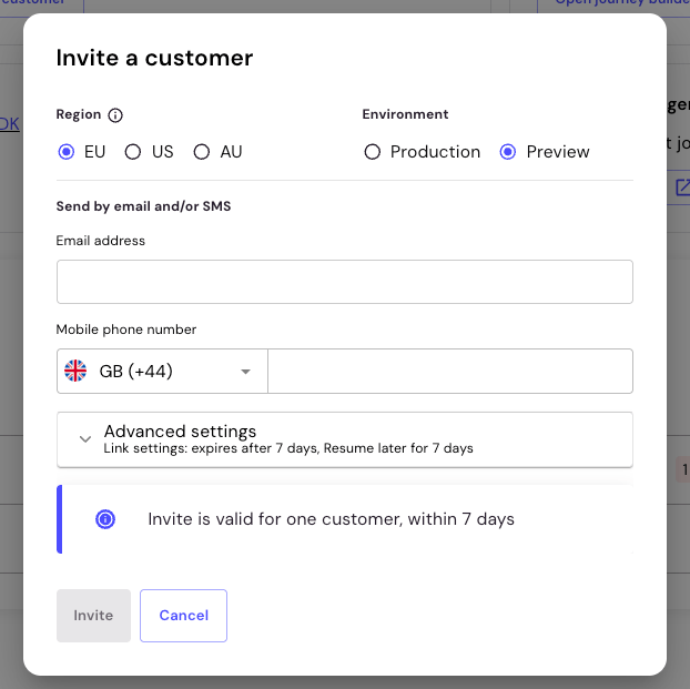 Invite a customer dialog box