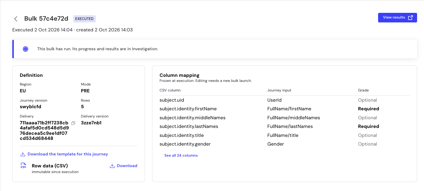 Bulk launch page with the Definition and Column mapping panels