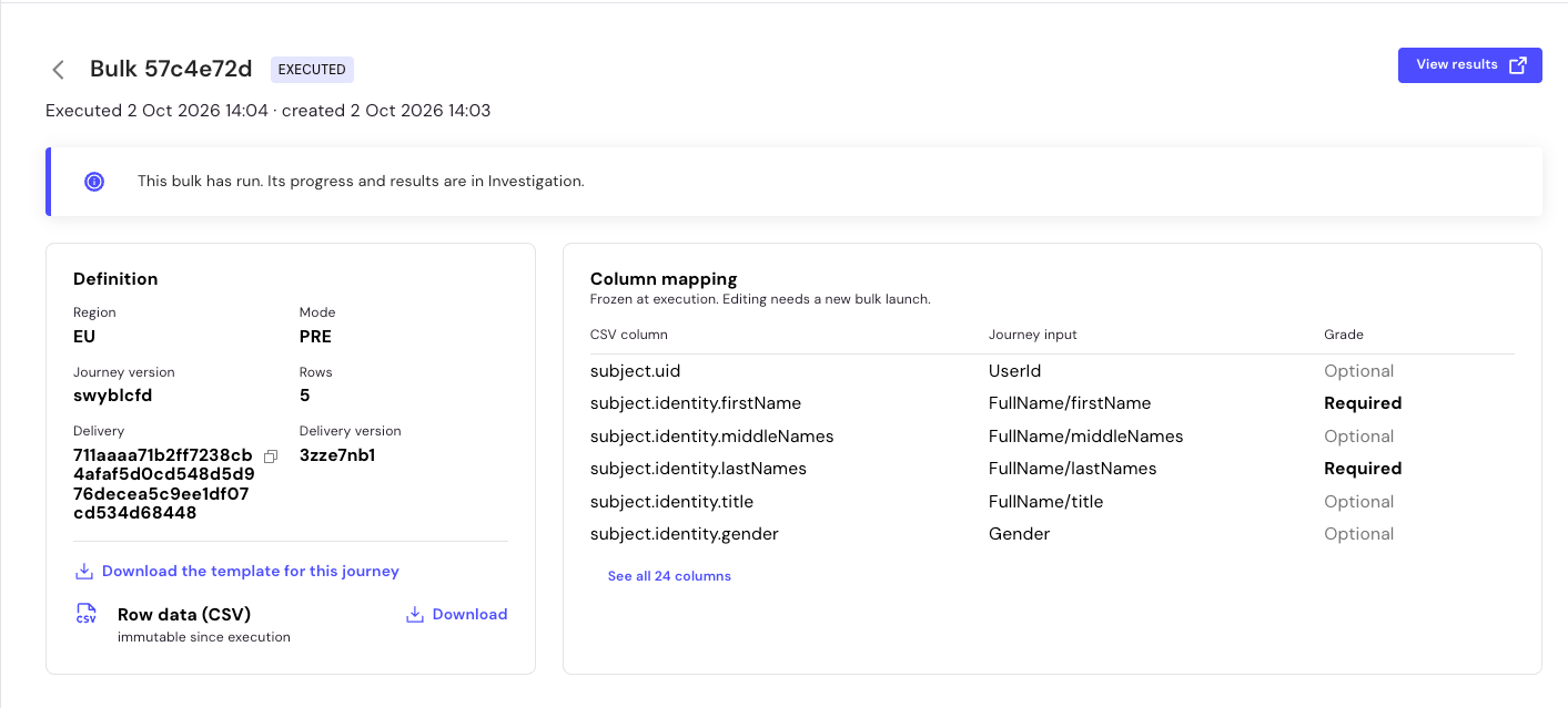 Bulk launch page with the Definition and Column mapping panels