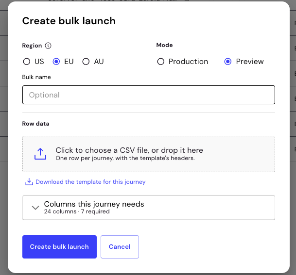 Create bulk launch dialog box with the Region, Mode, Bulk name, and Row data options