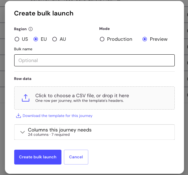 Create bulk launch dialog box with the Region, Mode, Bulk name, and Row data options