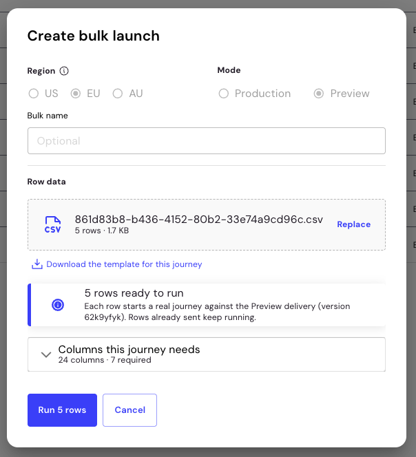Create bulk launch dialog box with five rows ready to run