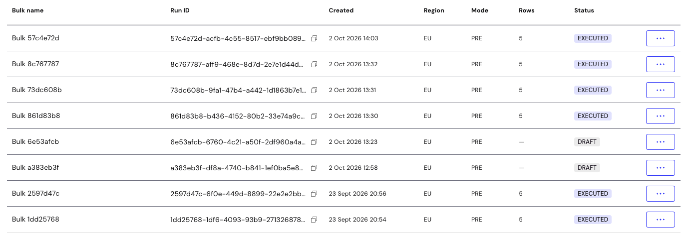Bulk launches with a status of EXECUTED or DRAFT on the Bulk launches page