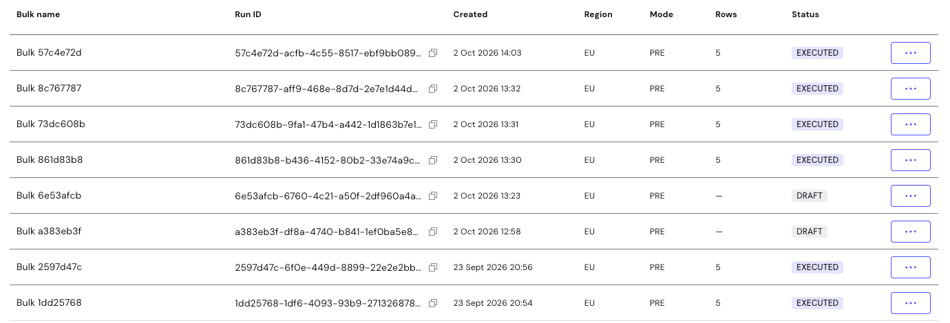 Bulk launches with a status of EXECUTED or DRAFT on the Bulk launches page