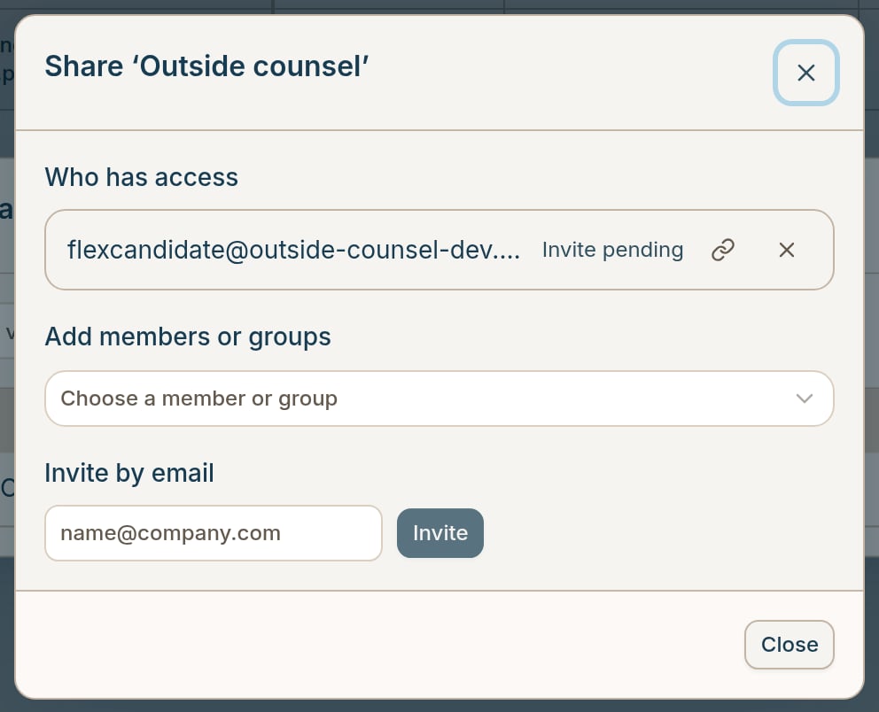 Share dialog for the Outside counsel View with a pending invite