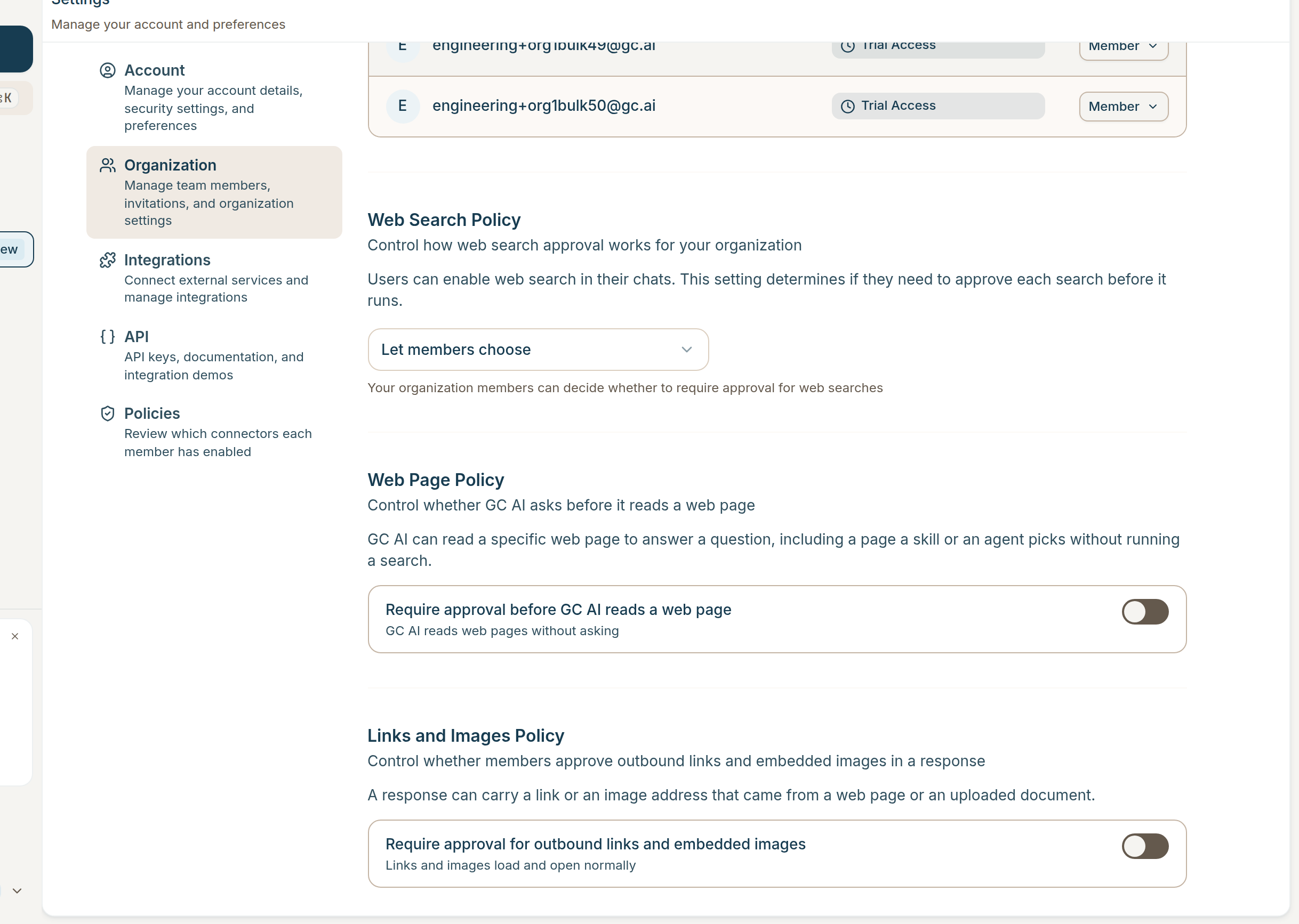 Web Page Policy and Links and Images Policy in organization settings