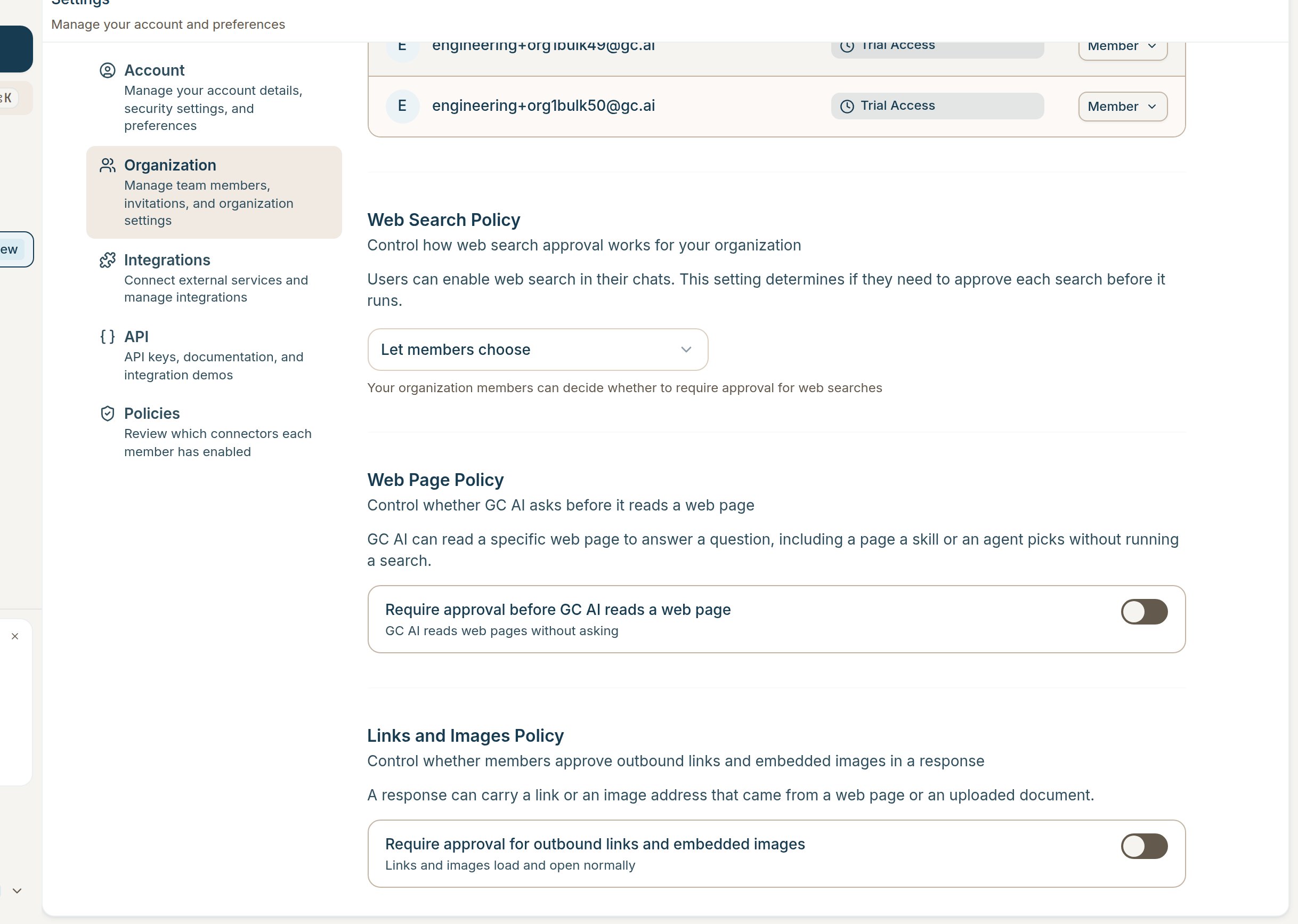 Web Page Policy and Links and Images Policy in organization settings