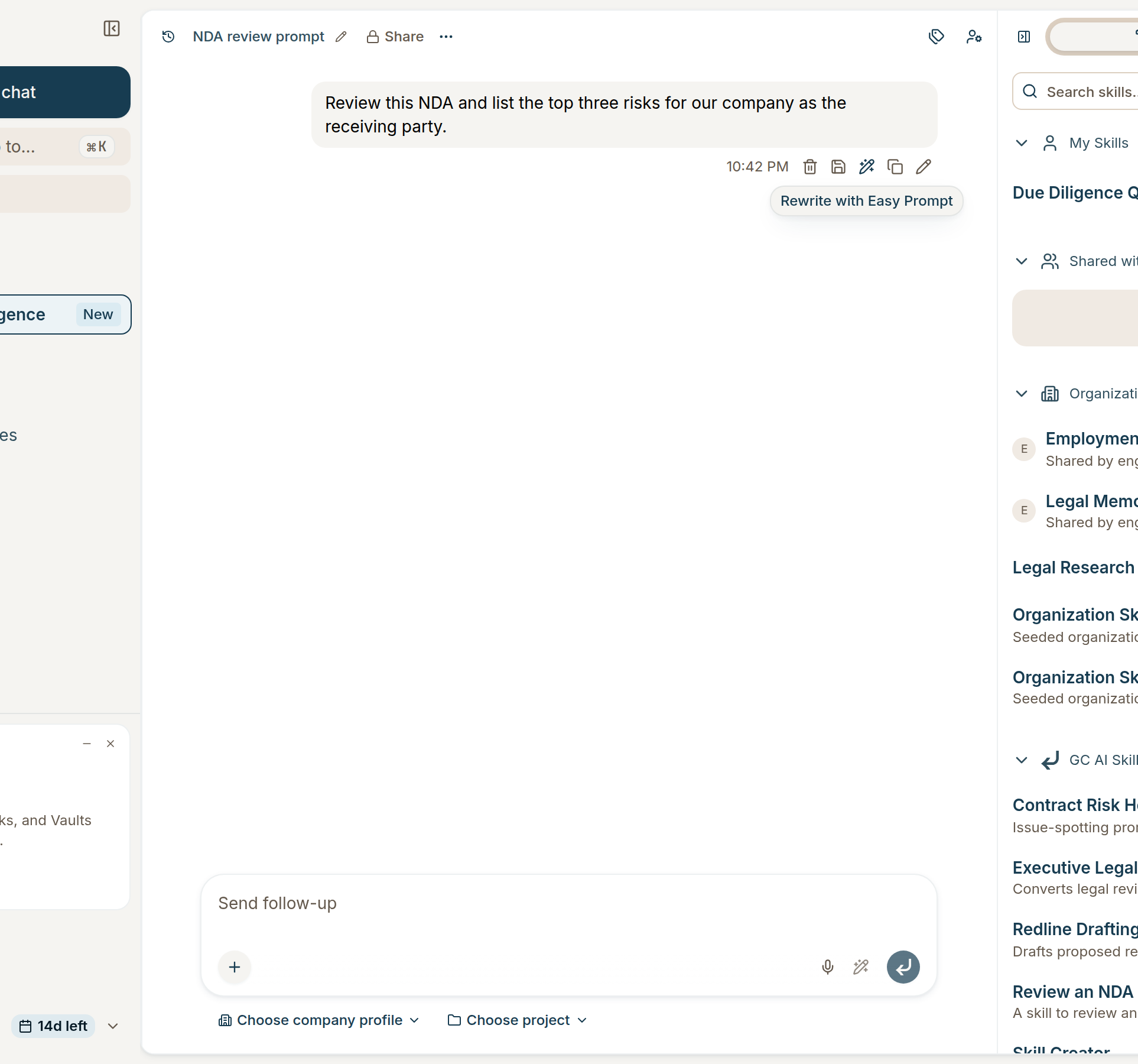 Rewrite with Easy Prompt on a sent message