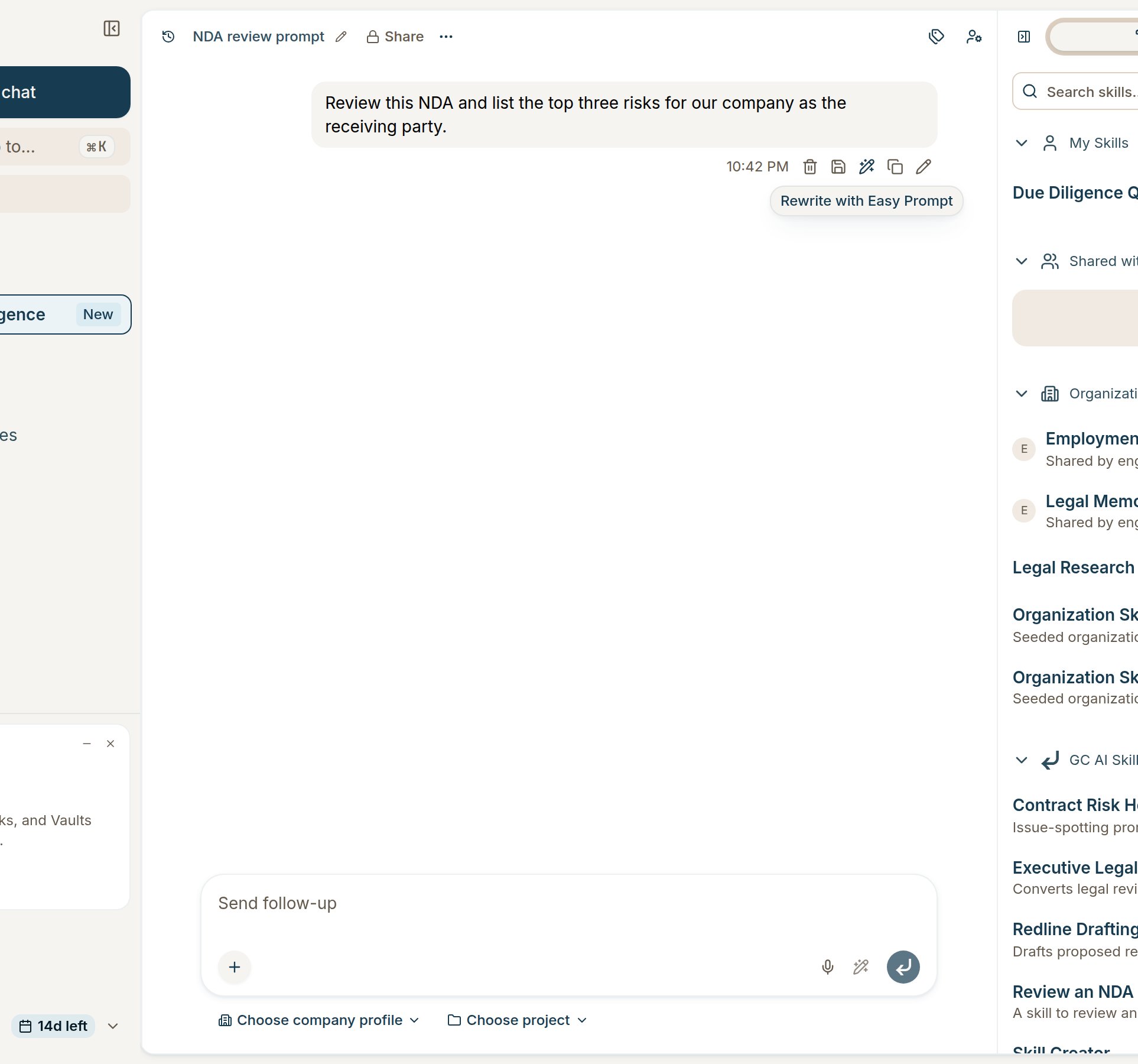 Rewrite with Easy Prompt on a sent message