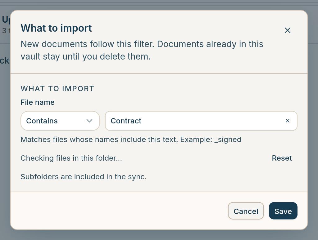 What to import file-name filter on a Vault source