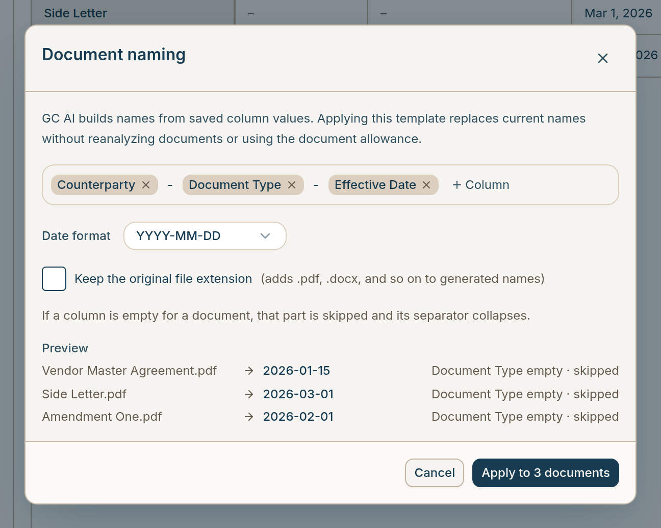 Document naming template editor with preview