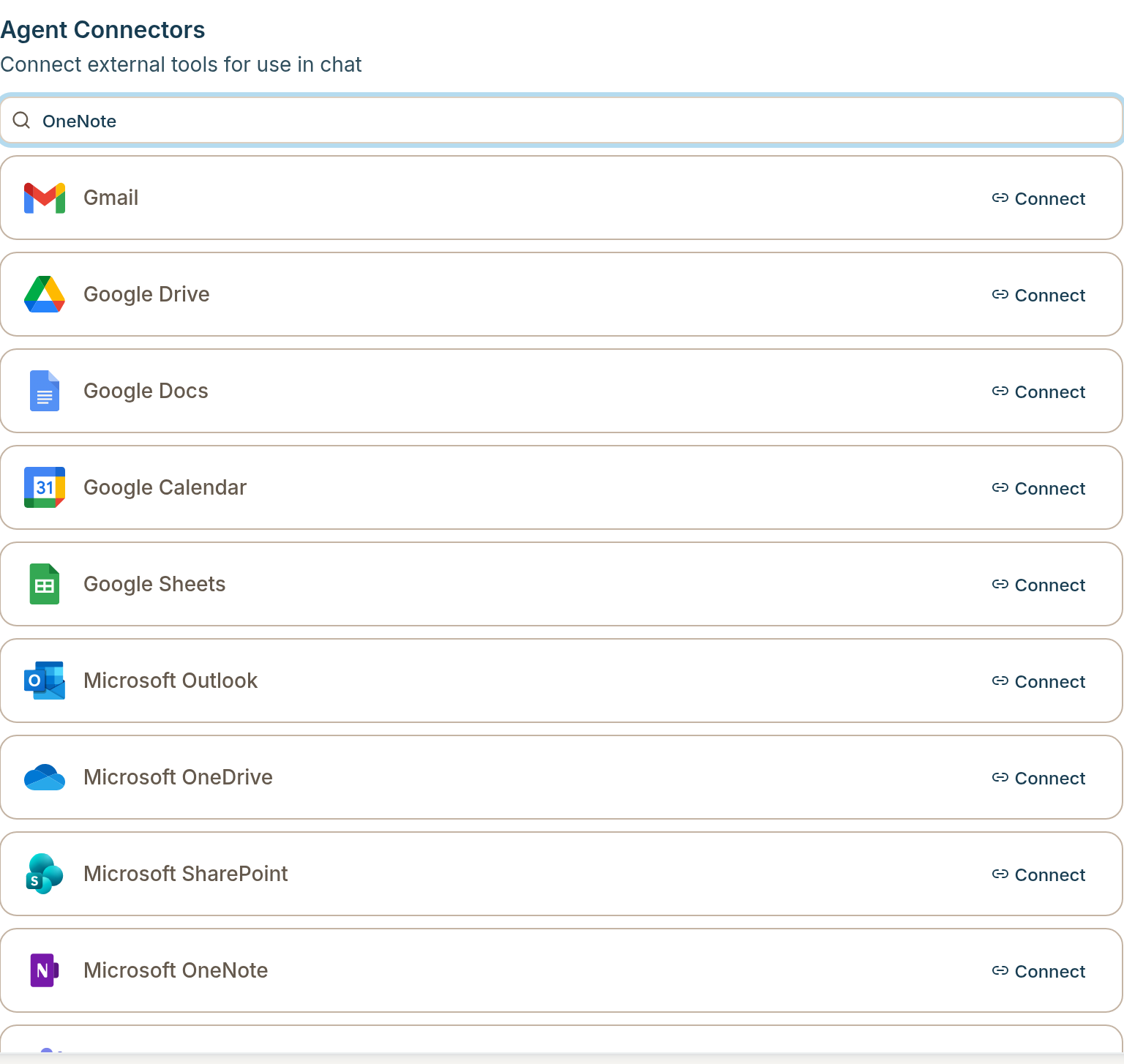 Microsoft OneNote in Agent Connectors on Settings