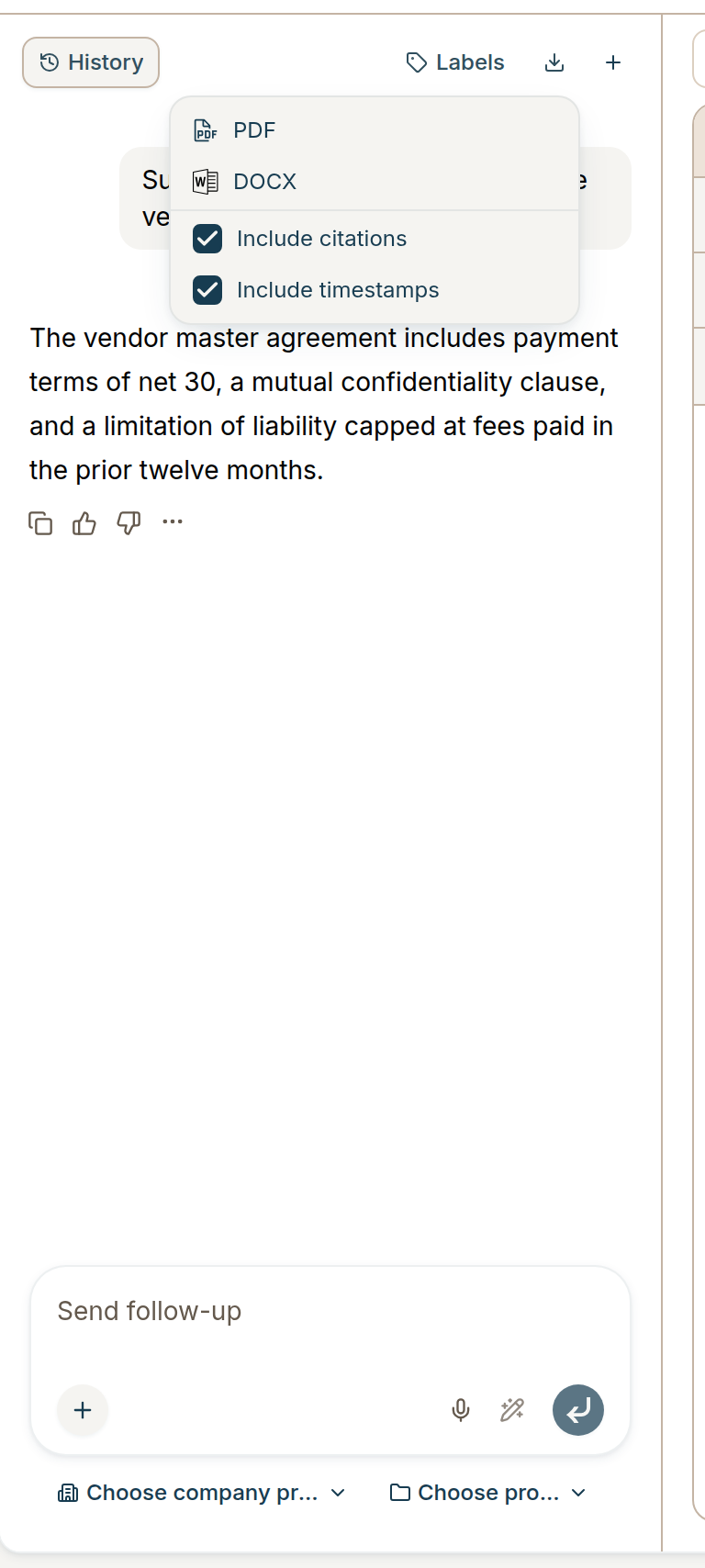 Download menu in Contract Intelligence vault chat