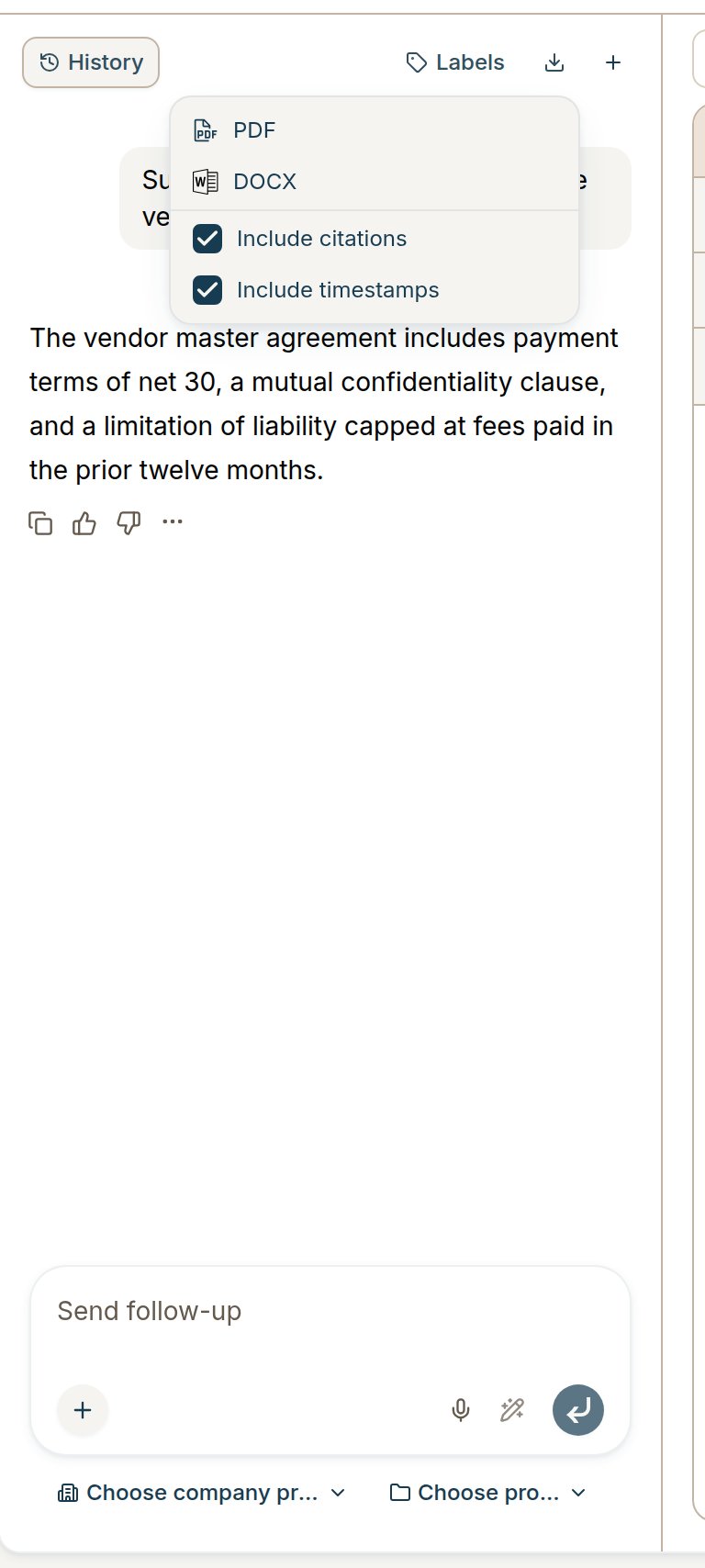 Download menu in Contract Intelligence vault chat