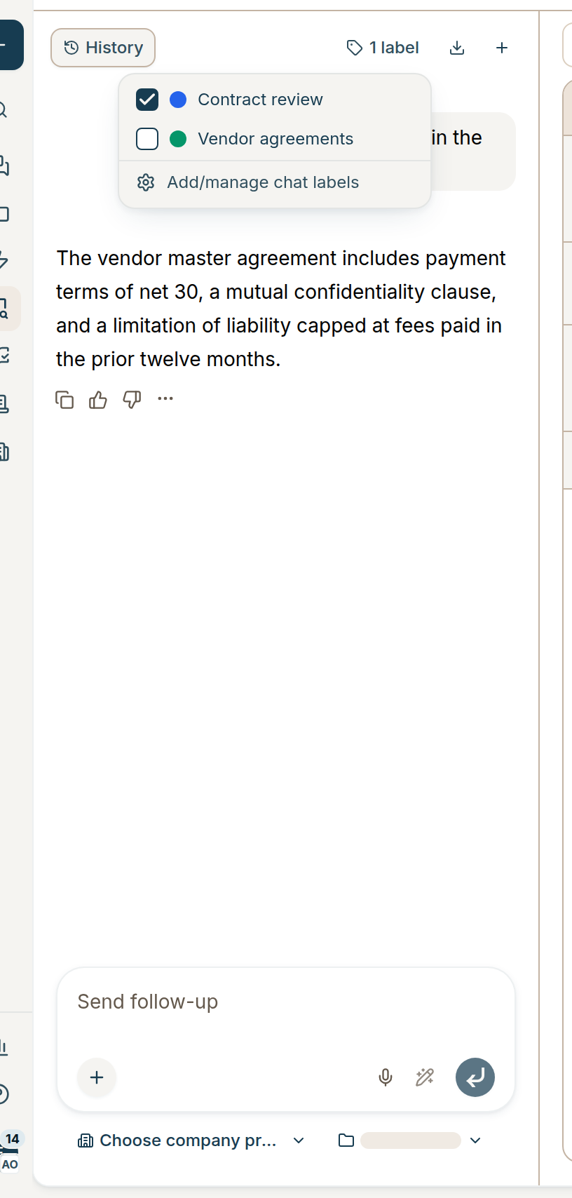 Labels dropdown in Contract Intelligence vault chat