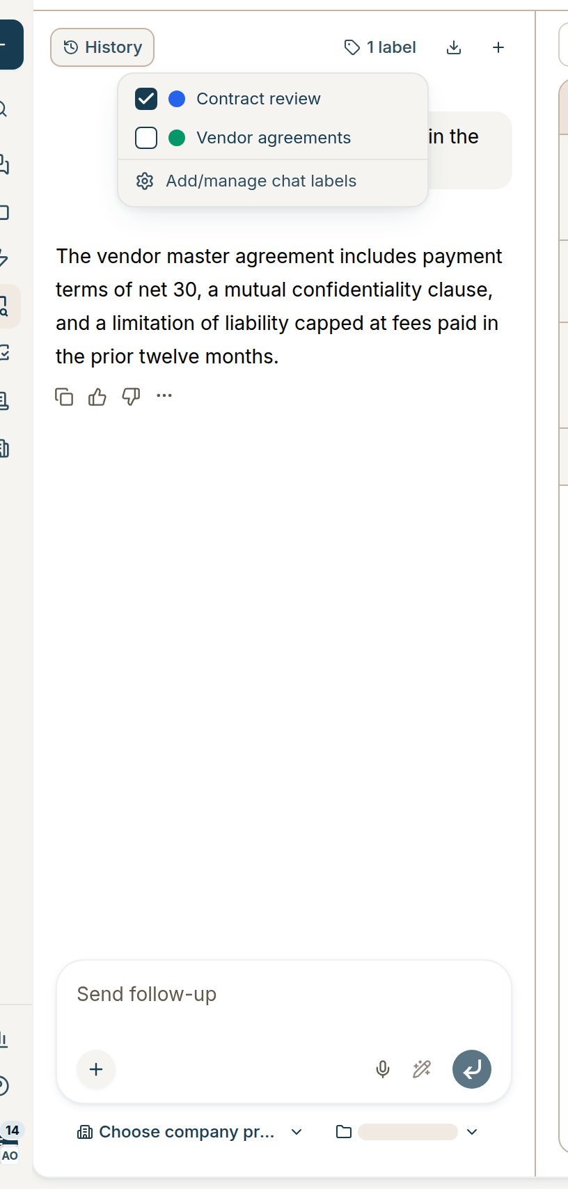 Labels dropdown in Contract Intelligence vault chat