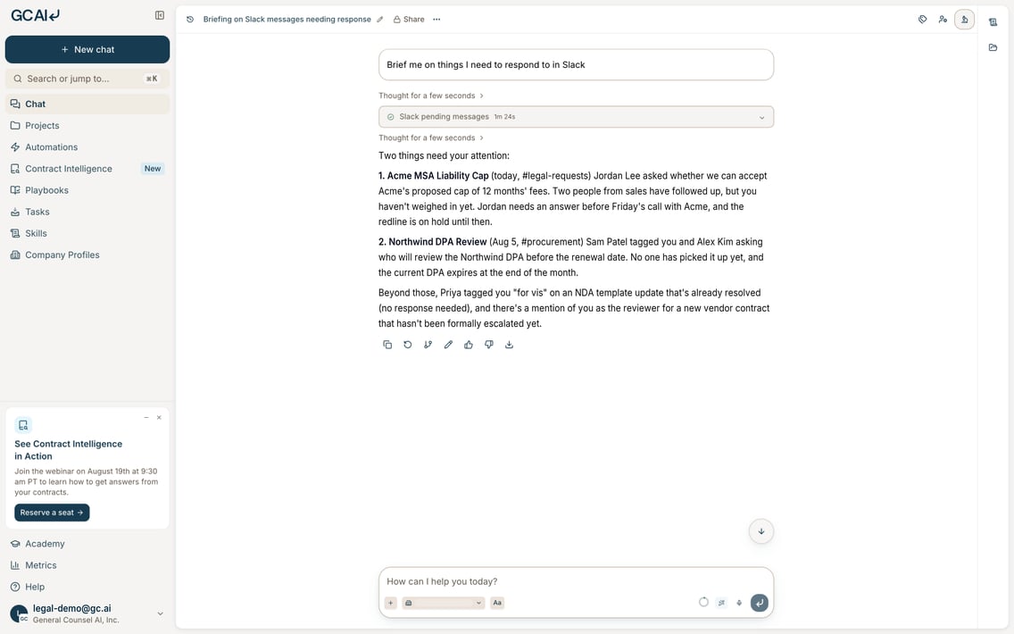 GC AI chat answering a request to brief the user on Slack messages that need a response
