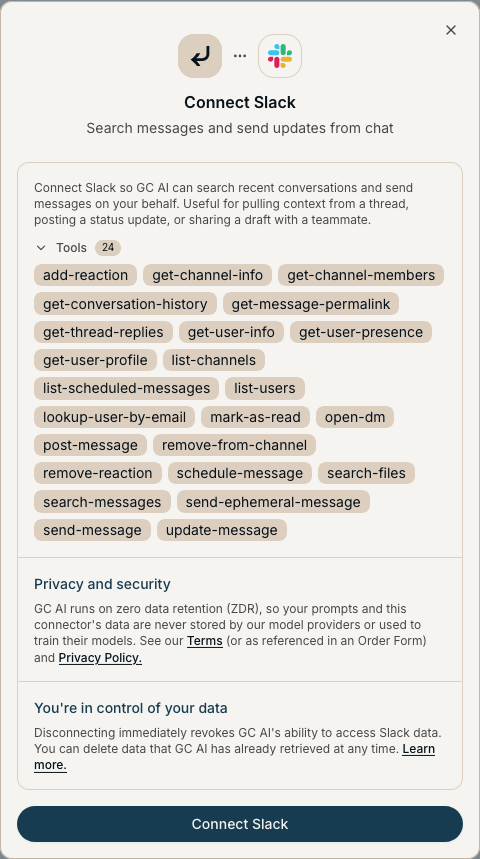 Connect Slack dialog with a description, the list of Slack tools, privacy details, and a Connect Slack button