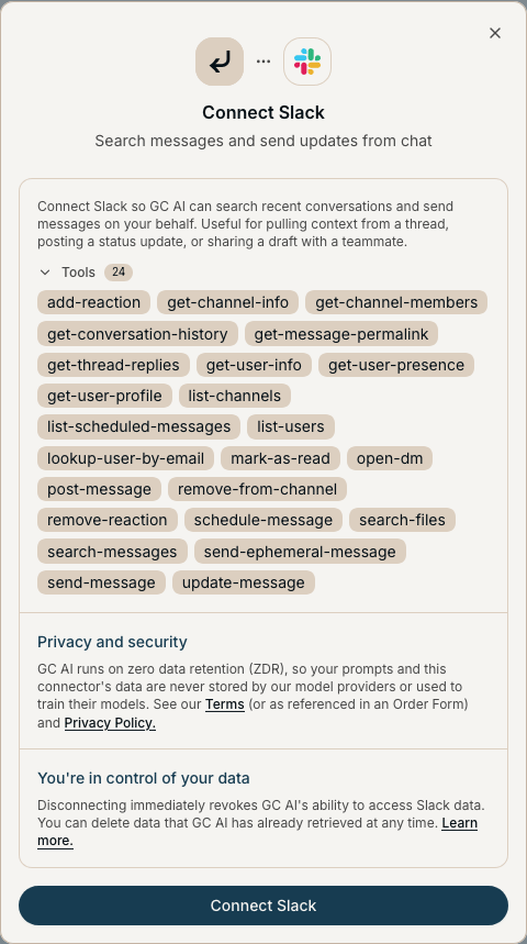 Connect Slack dialog with a description, the list of Slack tools, privacy details, and a Connect Slack button