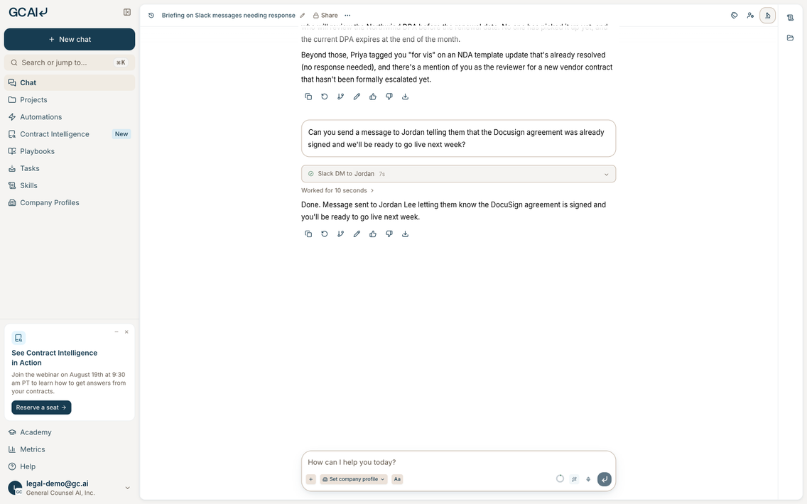 GC AI chat confirming that a Slack direct message was sent