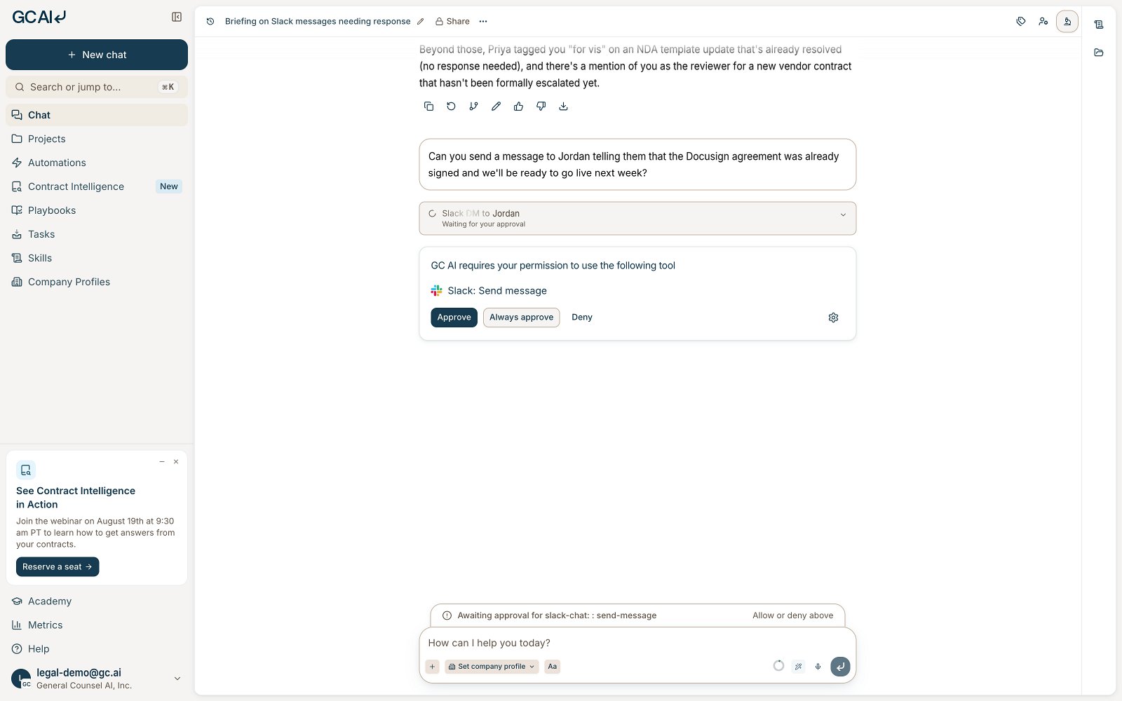 GC AI chat showing an approval card for Slack: Send message with Approve, Always approve, and Deny buttons