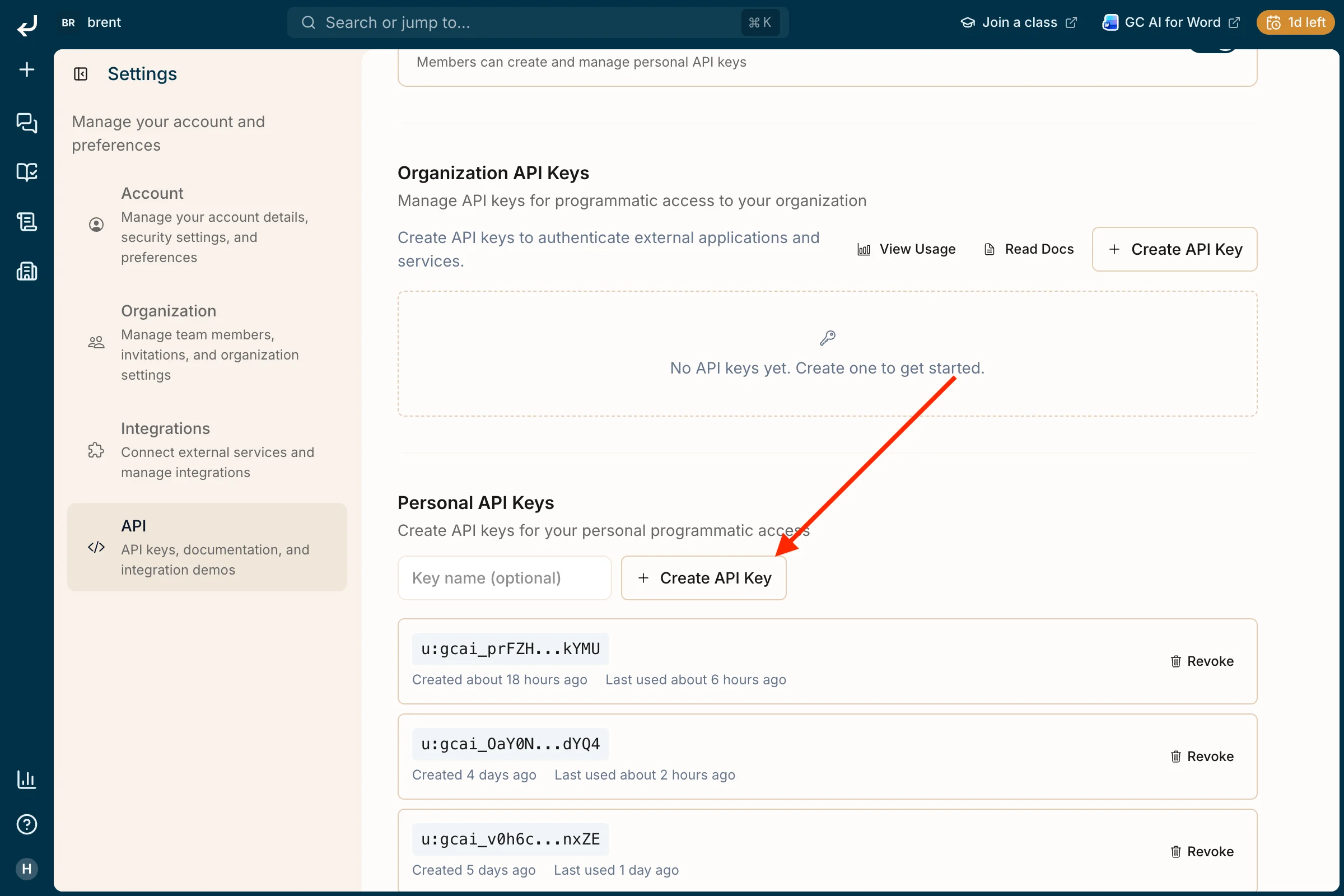 API settings: Personal API Keys section with Key name field and Create API Key button