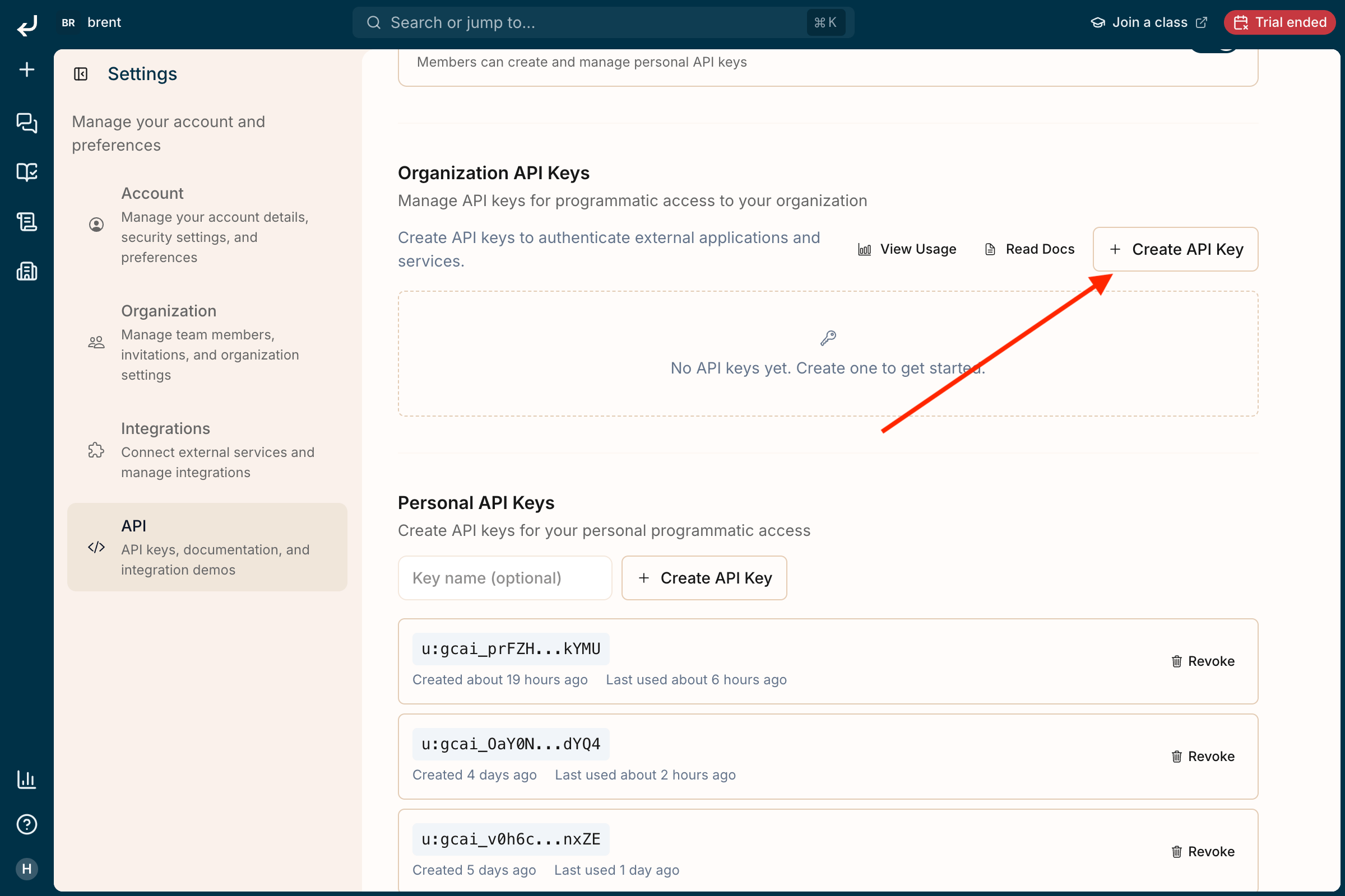API settings: Organization API Keys section with a Create API Key button