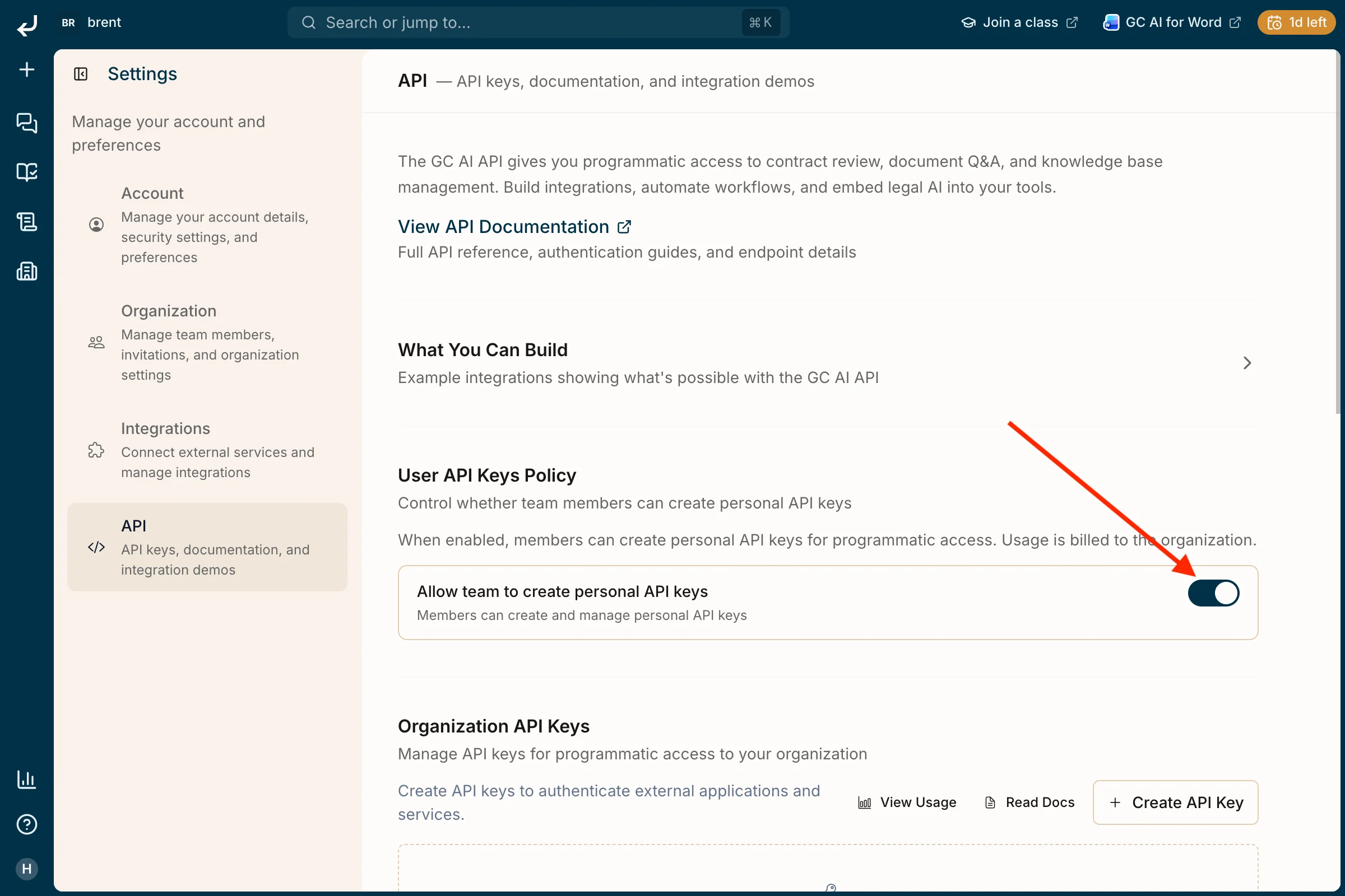 API settings: User API Keys Policy with toggle for Allow team to create personal API keys