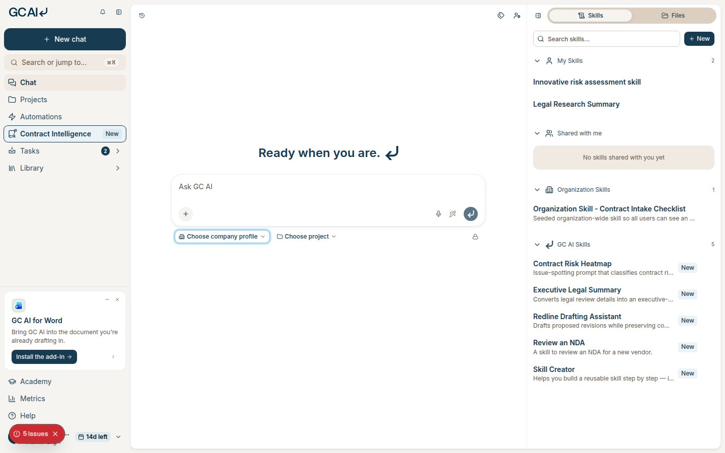 The company profile picker below the chat composer
