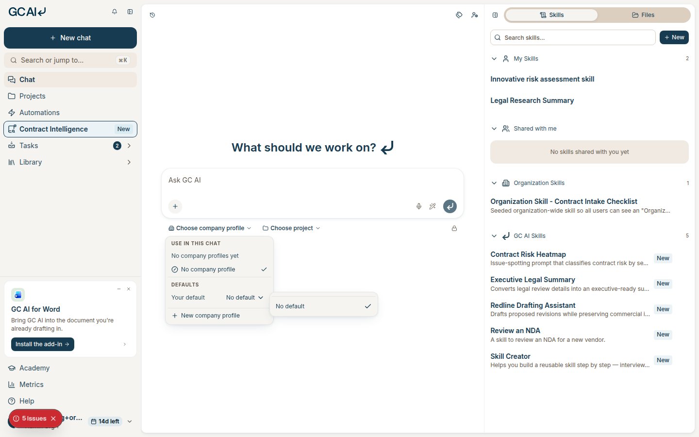 The Defaults section with a personal company profile picker