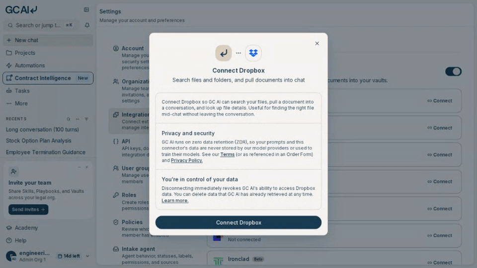 Connect Dropbox dialog on Document Storage Integrations