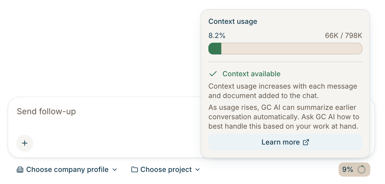 Context usage popover above the chat composer, showing percentage used, tokens used out of the limit, and guidance