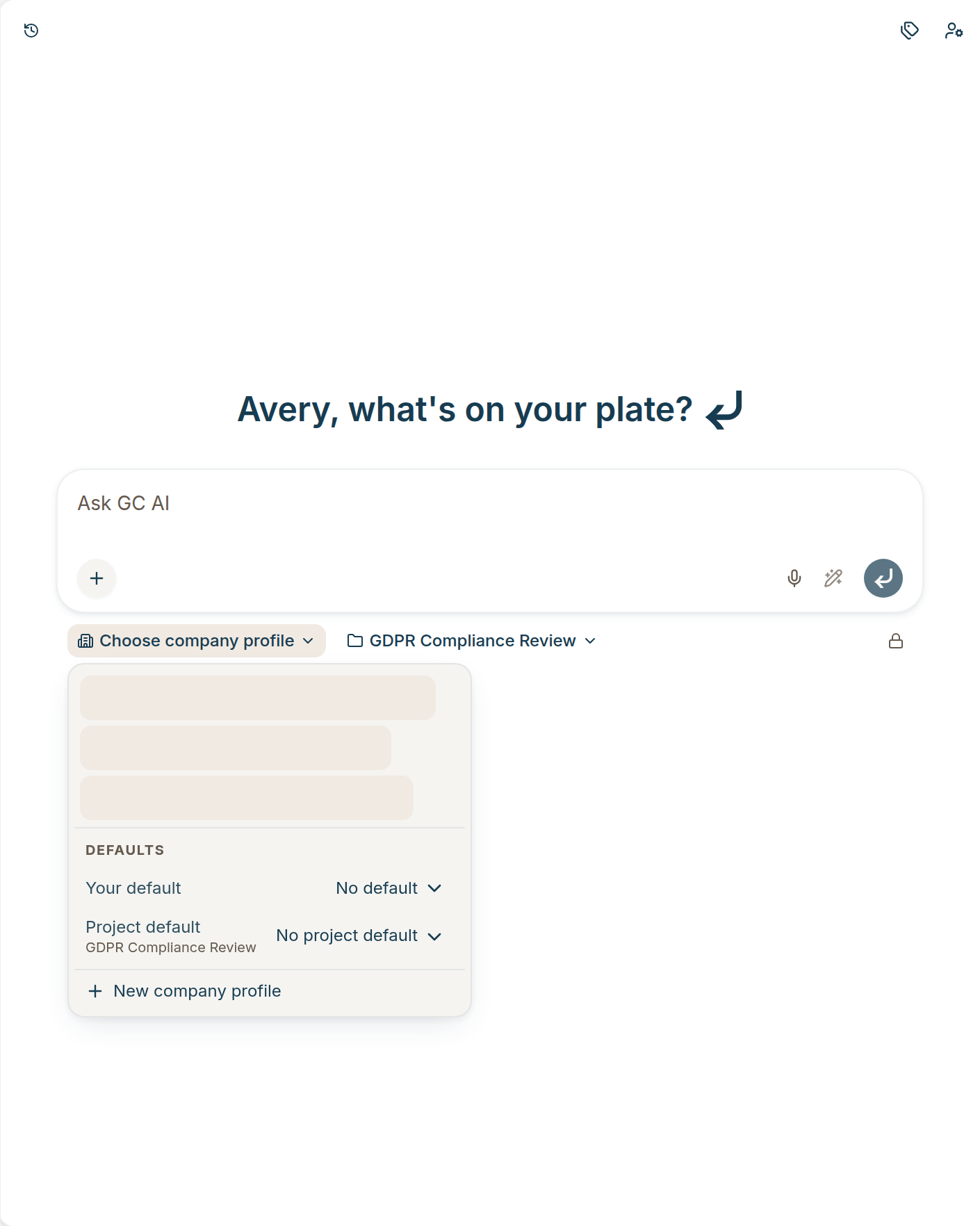 Defaults, Your default, and Project default in the company profile picker