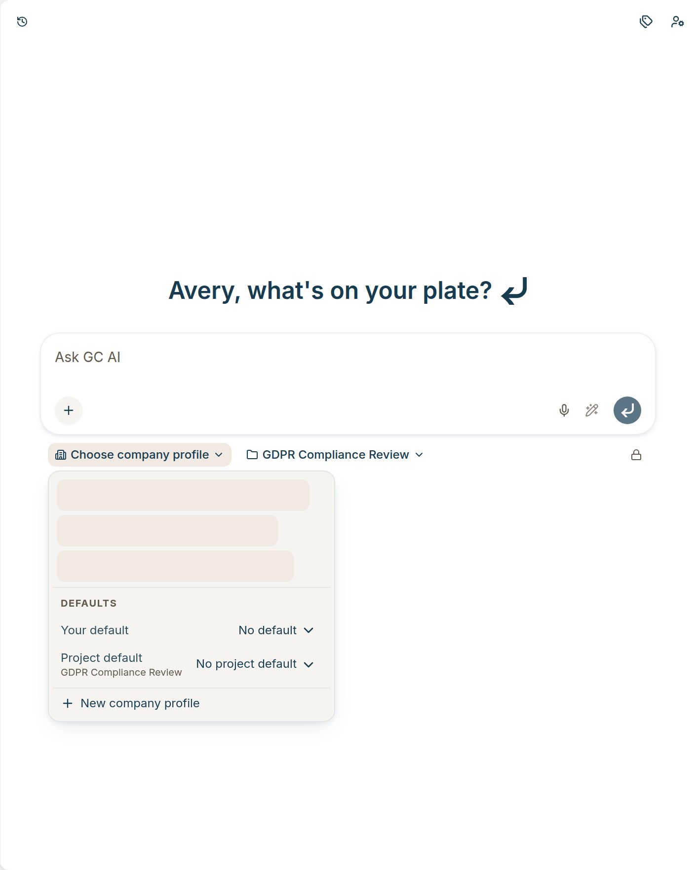 Defaults, Your default, and Project default in the company profile picker
