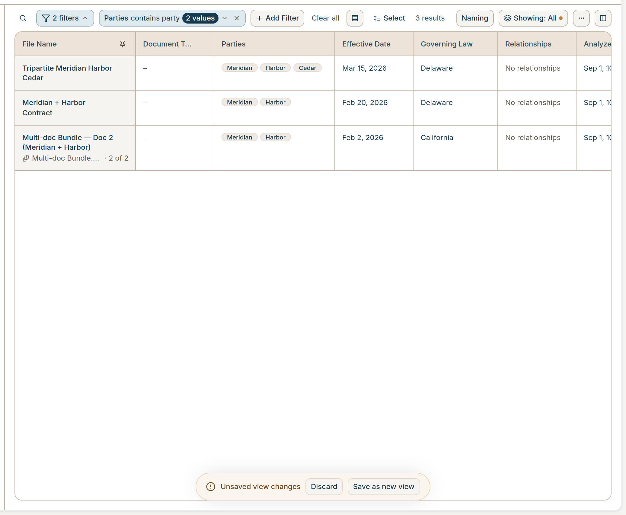 Grouped Parties filter chip with a 2 values badge