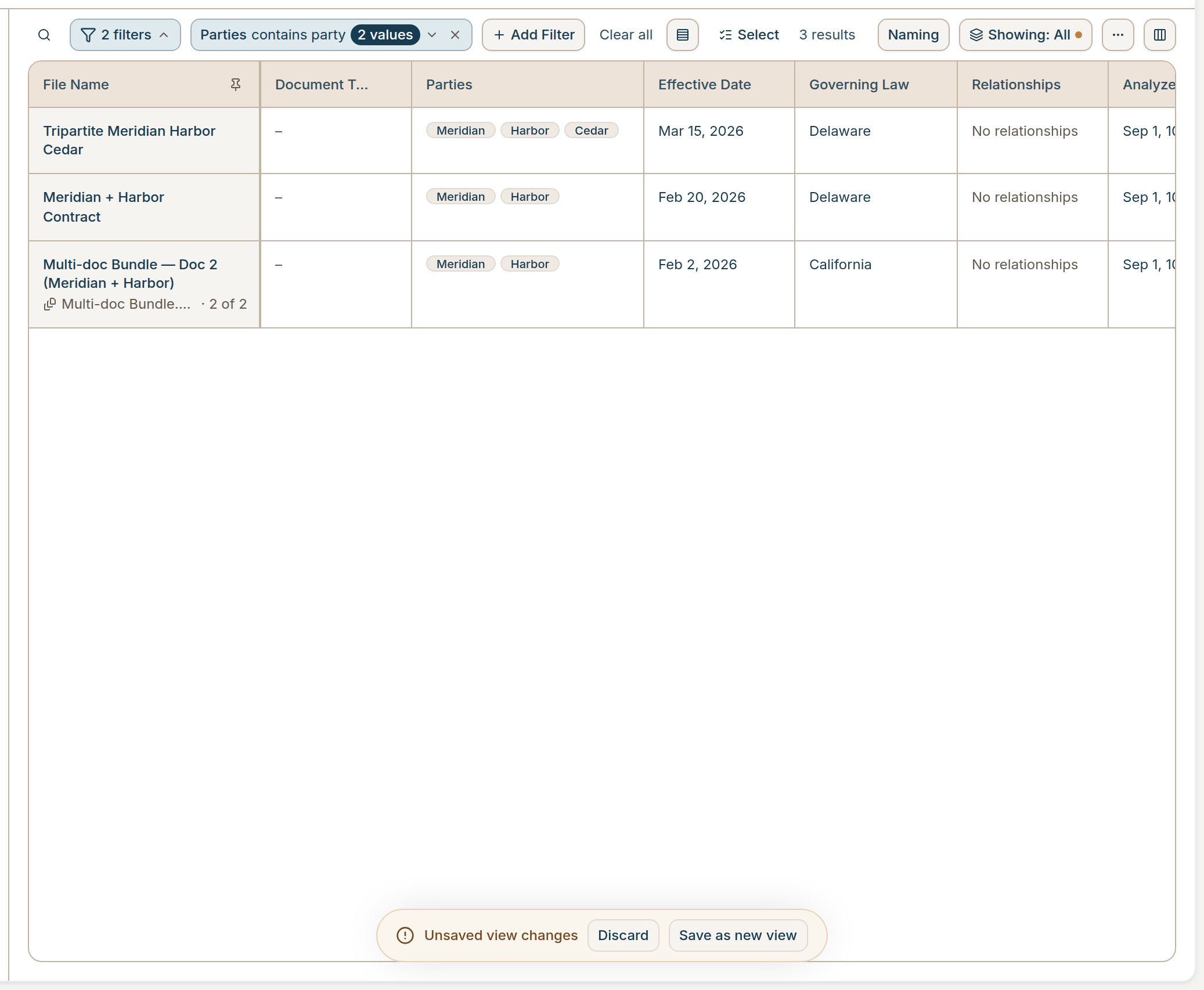 Grouped Parties filter chip with a 2 values badge
