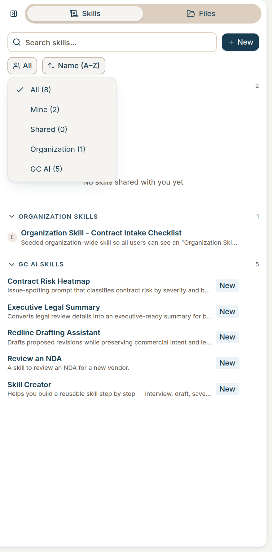 Skills ownership filter open with All, Mine, Shared, Organization, and GC AI