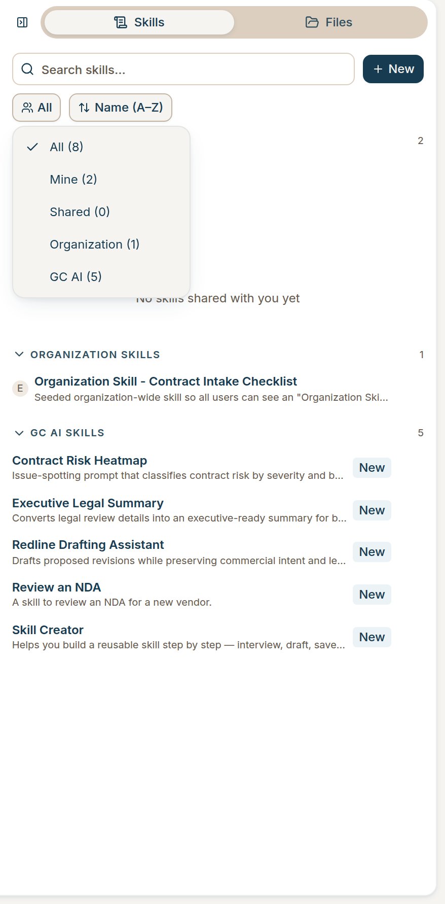 Skills ownership filter open with All, Mine, Shared, Organization, and GC AI