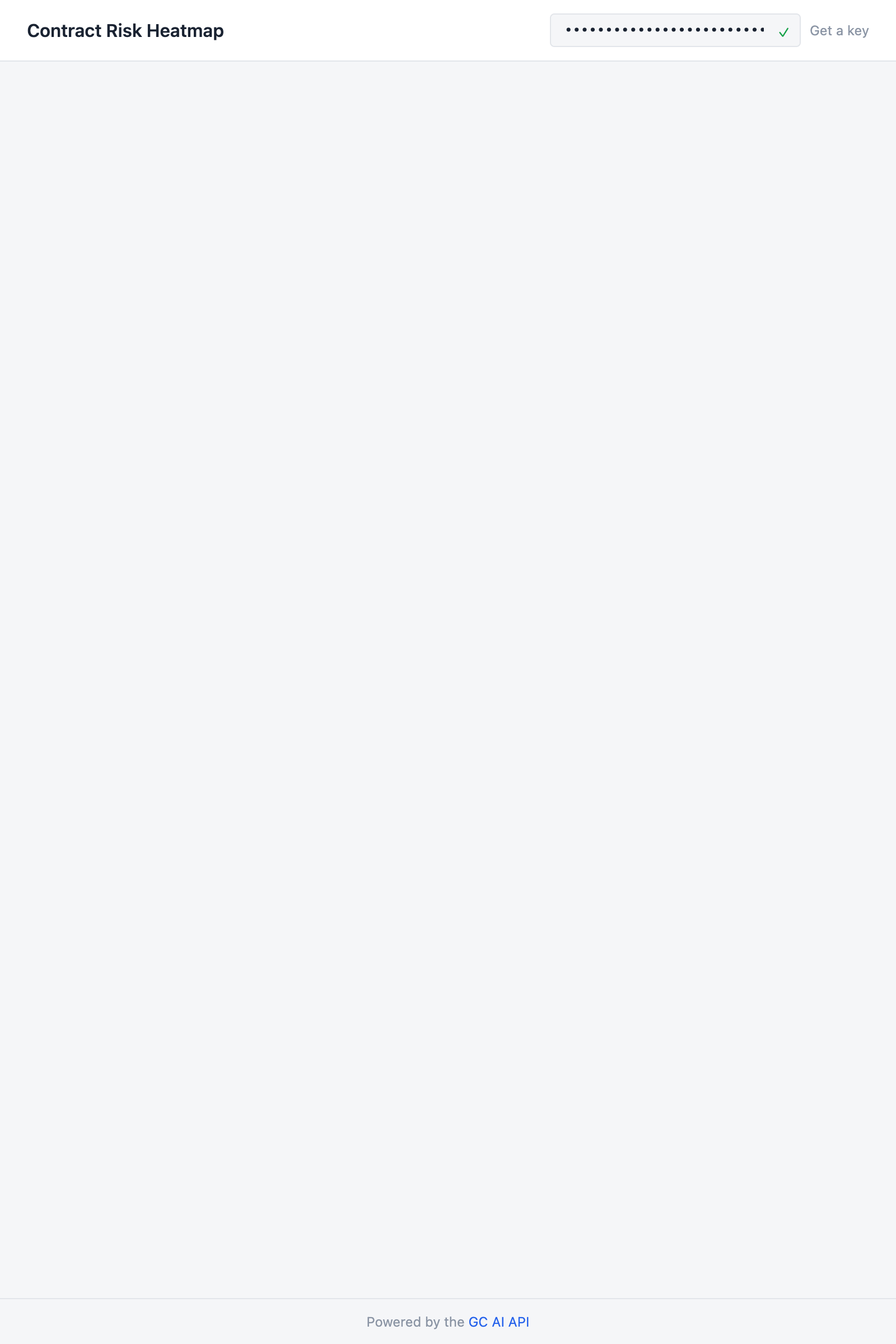 App header showing Contract Risk Heatmap title, API key input with green checkmark, and file upload drop zone
