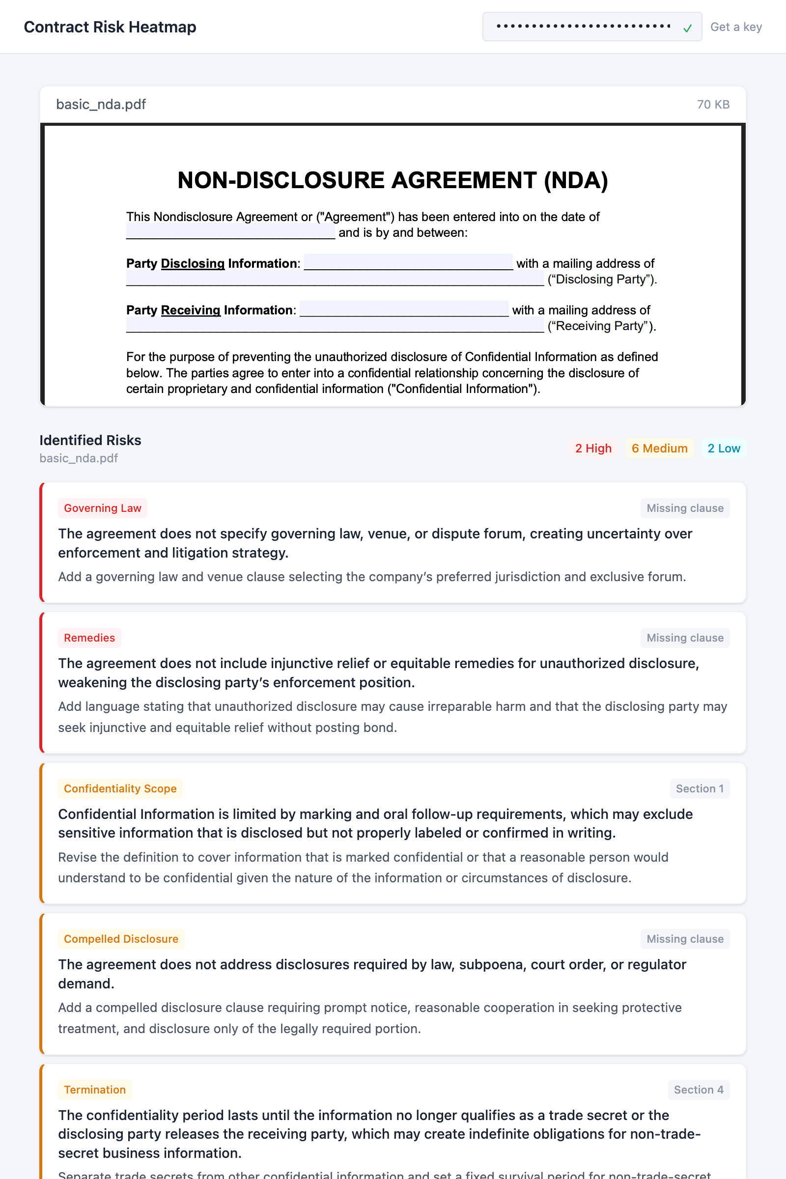 Contract Risk Heatmap app showing a PDF preview and identified risks sorted by severity with category badges, clause references, and suggested redlines