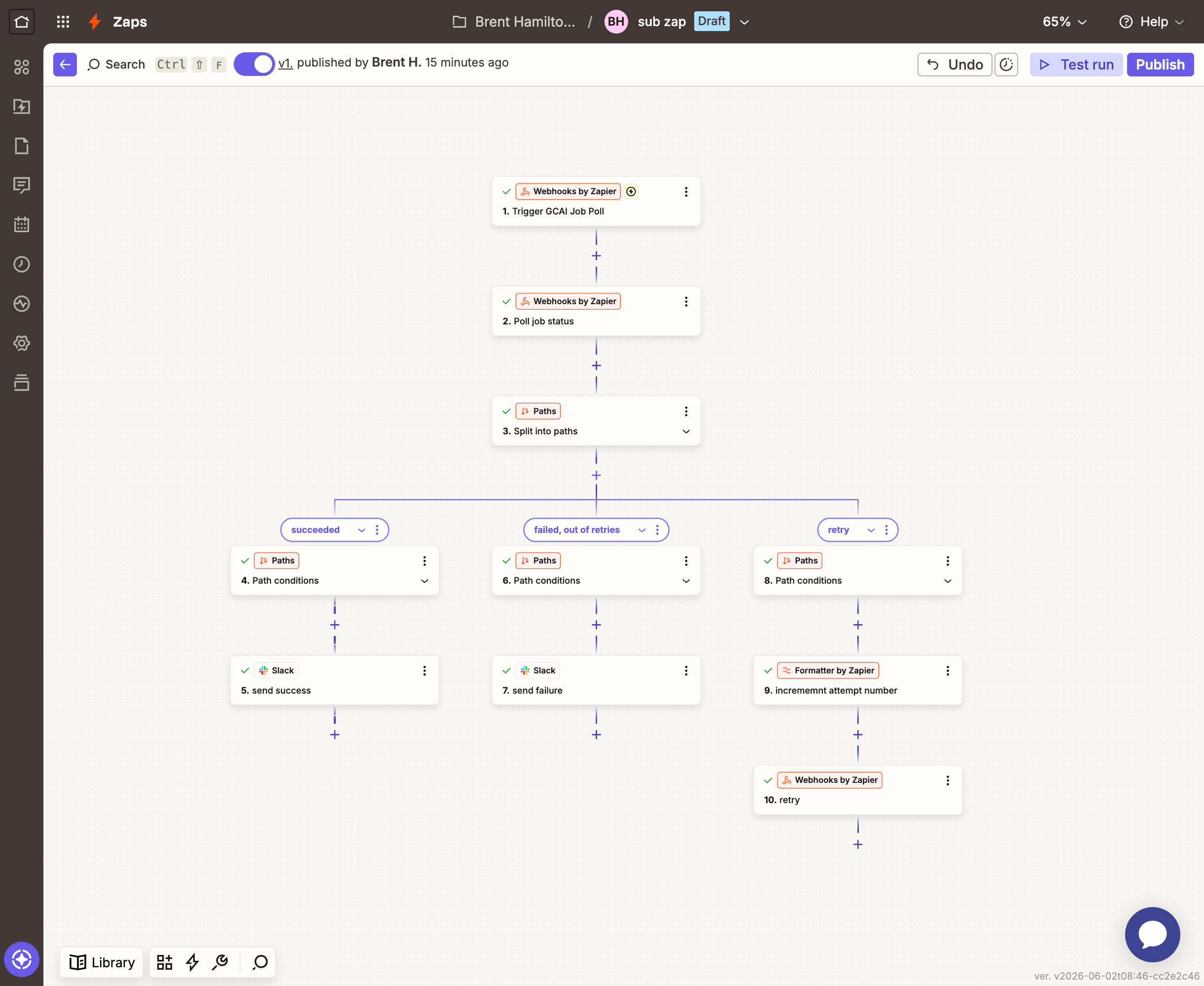 The completed sub-Zap showing all steps: Catch Hook trigger, GET job status, and Paths with success, max attempts, and recurse branches