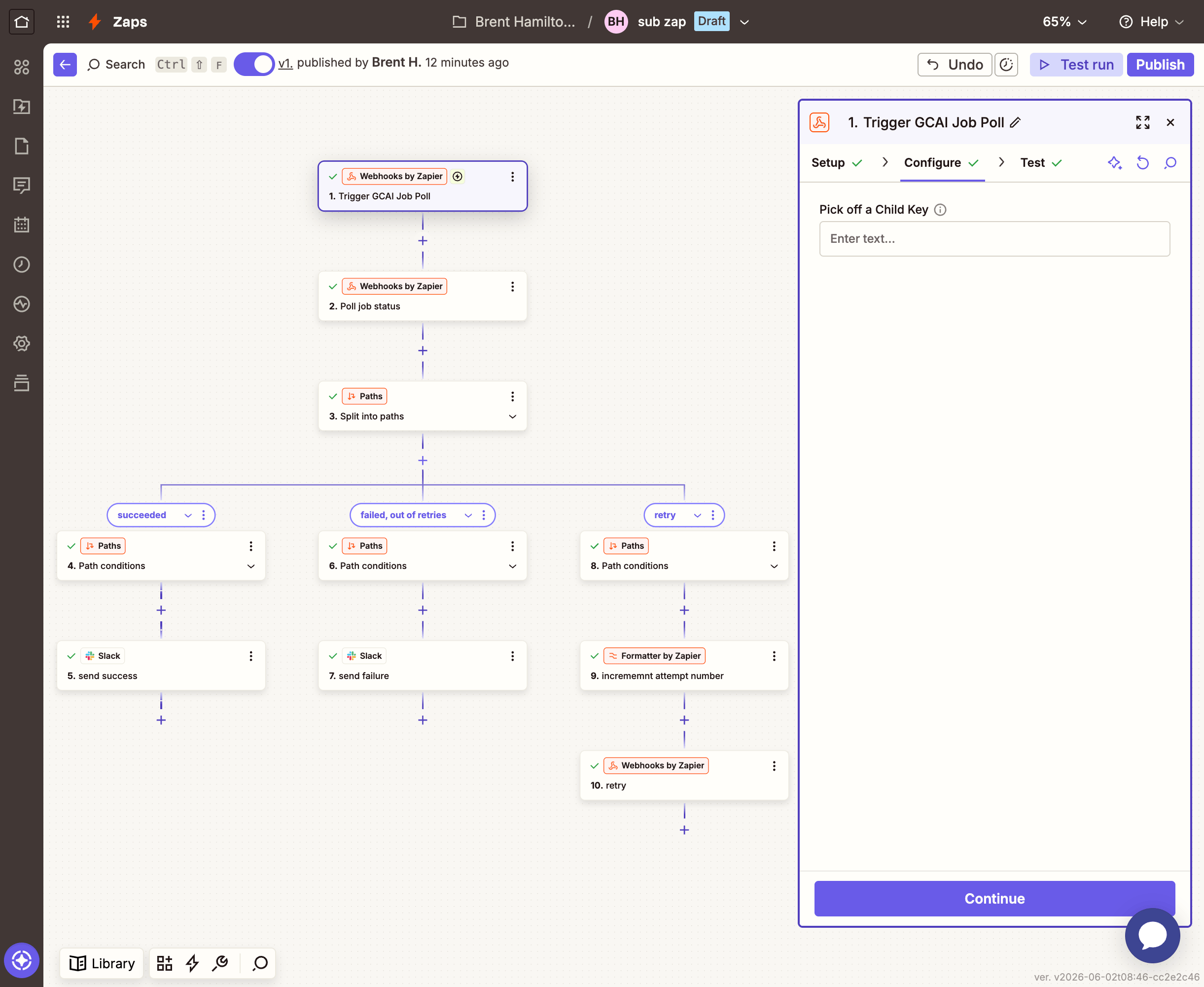 Zapier Catch Hook Configure tab: Pick off a Child Key left empty