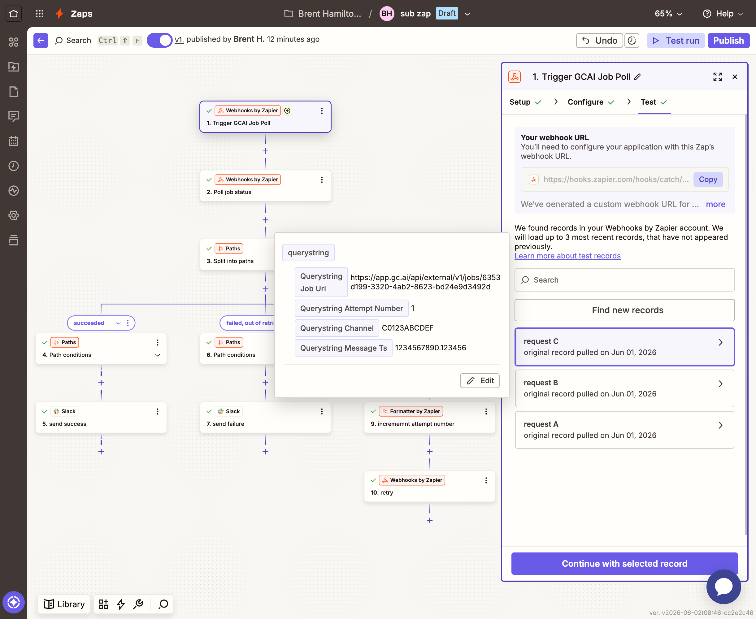 Zapier Catch Hook Test tab: test data received showing the four fields